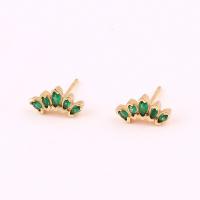 Boucles d'oreilles en laiton zircon cubique pavent, Placage de couleur d'or, pavé de micro zircon & pour femme, vert, 6.50x12mm, Vendu par paire