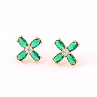 Cubic Zirconia Micro Pave Brass Earring Four Leaf Clover gold color plated micro pave cubic zirconia & for woman green 11mm Sold By Pair