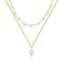 Multi Layer Necklace, Brass, with ABS Plastic Pearl, with 2.36inch extender chain, 18K gold plated, Double Layer & for woman, 10mm, Length:Approx 17.87 Inch, Approx 18.89 Inch, Sold By PC