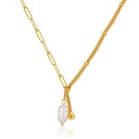 Freshwater Pearl Mässing Chain Necklace, med Freshwater Pearl, med 2.36inch extender kedja, 18K guldpläterad, mode smycken & för kvinna, 15mm, Längd Ca 19.21 inch, Säljs av PC