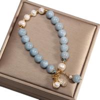 Gemstone Armbånd, Akvamarin, med zink legering perle, guldfarve belagt, Micro Pave cubic zirconia & for kvinde, Skyblue, Længde Ca. 6.29 inch, Solgt af PC