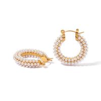 Mens acier inoxydable Hoop boucles d'oreilles, Acier inoxydable 304, avec Plastique ABS perle, bijoux de mode & pour femme, doré, 27x25mm, Vendu par paire