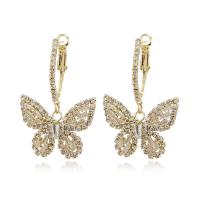 Rhinestone Earring, Brass, Butterfly, gold color plated, for woman & with rhinestone, golden, nickel, lead & cadmium free, 48x30mm, Sold By Pair