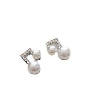 Cubic Zirconia Micro Pave Brass Earring, with Plastic Pearl, silver color plated, fashion jewelry & micro pave cubic zirconia & for woman, silver color, nickel, lead & cadmium free, 7.60x14.20mm, Sold By Pair