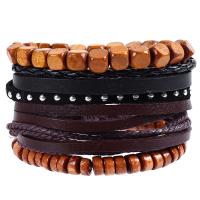 Cowhide Bracelet, with Wax Cord & Wood, 4 pieces & fashion jewelry & Unisex & with rhinestone, Length:Approx 17-18 cm, Sold By Set