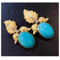 Turquoise Earring, Brass, with turquoise, plated, fashion jewelry & for woman & with rhinestone, golden, 32x21mm, Sold By Pair