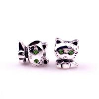 Tibetan Style European Beads, Cat, silver color plated, DIY & with rhinestone, more colors for choice, nickel, lead & cadmium free, 10x13mm, Approx 100PCs/Bag, Sold By Bag