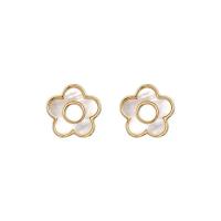 Stainless Steel Stud Earrings, 304 Stainless Steel, with White Shell, Flower, Vacuum Ion Plating, for woman, golden, 13mm, Sold By Pair