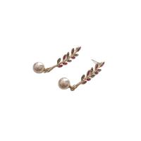 Tibetan Style Drop Earrings, with Plastic Pearl, Leaf, gold color plated, fashion jewelry & for woman & with rhinestone, more colors for choice, nickel, lead & cadmium free, 10.20x58.30mm, Sold By Pair