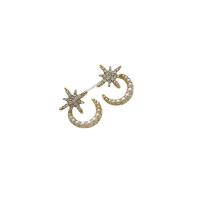 Cubic Zirconia Micro Pave Brass Earring, Tibetan Style, with Plastic Pearl, Moon and Star, gold color plated, fashion jewelry & micro pave cubic zirconia & for woman, golden, nickel, lead & cadmium free, 17x23.40mm, Sold By Pair