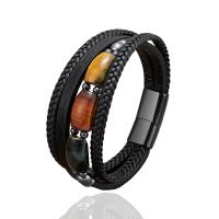 PU Leather Cord Bracelets, with Tiger Eye & 304 Stainless Steel, handmade, multilayer & braided bracelet & Unisex, more colors for choice, Length:21 cm, Sold By PC
