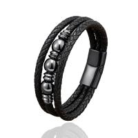 Bracelets cordon PU, cordon en cuir, avec Acier inoxydable 304, fait à la main, trois couches & bracelet tressé & unisexe, plus de couleurs à choisir, Longueur:21 cm, Vendu par PC