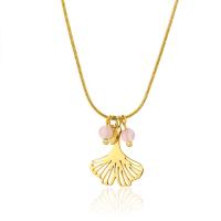 Stainless Steel Jewelry Necklace, 304 Stainless Steel, with Pink Agate, Leaf, Vacuum Ion Plating, fashion jewelry & for woman, golden, 17mm, Length:43.5 cm, Sold By PC
