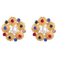 Rhinestone Earring, Tibetan Style, with ABS Plastic Pearl, gold color plated, fashion jewelry & for woman & with rhinestone, multi-colored, 37x37mm, Sold By Pair