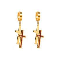 Titanium Steel  Earring Cross 14K gold plated micro pave cubic zirconia & for woman nickel lead & cadmium free Sold By Pair