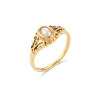 Stainless Steel Finger Ring 304 Stainless Steel with Freshwater Pearl Vacuum Ion Plating & for woman golden Sold By PC