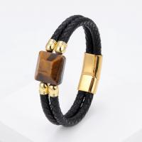 Bracelet cordon en cuir, avec oeil de tigre & Acier inoxydable 304, fait à la main, Double couche & bracelet tressé & unisexe, plus de couleurs à choisir, Longueur Environ 8.3 pouce, Vendu par PC