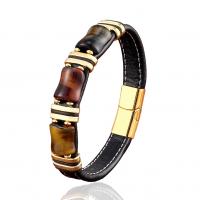 Leather Cord Bracelet, with Tiger Eye & 304 Stainless Steel, handmade, Unisex, more colors for choice, Length:Approx 8.3 , Sold By PC
