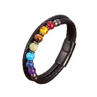 Leather Cord Bracelet, with Natural Stone & 304 Stainless Steel, handmade, Double Layer & braided bracelet & Unisex, more colors for choice, Length:Approx 8.3 , Sold By PC