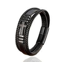 Bracelet cordon en cuir, avec Acier inoxydable 304, fait à la main, trois couches & bracelet tressé & unisexe & pavé de micro zircon, plus de couleurs à choisir, Longueur:Environ 8.3 pouce, Vendu par PC
