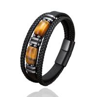 Bracelet cordon en cuir, avec oeil de tigre & Acier inoxydable 304, fait à la main, trois couches & bracelet tressé & unisexe, plus de couleurs à choisir, Longueur Environ 8.3 pouce, Vendu par PC