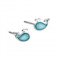 925 Sterling Silver Stud Earrings Whale platinum plated for woman & epoxy gel blue Sold By Pair