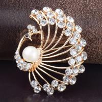 Rhinestone Brooch, Tibetan Style, with Plastic Pearl, Peacock, fashion jewelry & for woman & with rhinestone, golden, nickel, lead & cadmium free, 50x40mm, Sold By PC