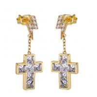 Cubic Zirconia Micro Pave Brass Earring, Cross, gold color plated, micro pave cubic zirconia & for woman, nickel, lead & cadmium free, 13x35mm, Sold By Pair