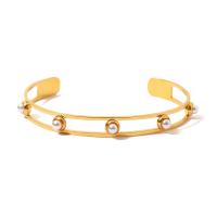 Acier inoxydable 304 bracelet manchette, avec Plastique ABS perle, bijoux de mode & pour femme, doré, 65x8mm, Vendu par PC