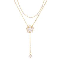 Multi Layer Necklace Zinc Alloy with ABS Plastic Pearl with 5cm extender chain Flower gold color plated Double Layer & fashion jewelry & for woman & enamel two different colored Length 40 cm Sold By PC