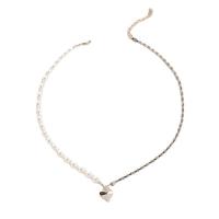 Zinc Alloy Jewelry Necklace with Plastic Pearl Heart silver color plated for woman & with rhinestone Length Approx 15 Inch Sold By PC