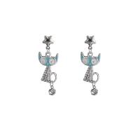 Zinc Alloy Drop Earrings Cat silver color plated fashion jewelry & for woman & enamel & with rhinestone Sold By Pair