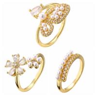 Cubic Zirconia Micro Pave Brass Ring with Plastic Pearl gold color plated & micro pave cubic zirconia & for woman golden nickel lead & cadmium free Sold By PC