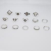 Juego de anillos de aleación de zinc, chapado en color de plata antigua, 12 piezas & para mujer, libre de níquel, plomo & cadmio, tamaño:5.5-9, Vendido por Set