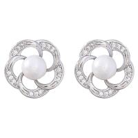 Tibetan Style Stud Earring, with ABS Plastic Pearl, silver color plated, fashion jewelry & for woman & with rhinestone, silver color, 13x15mm, Sold By Pair