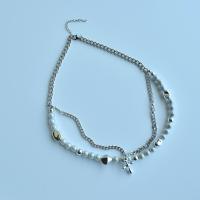 Multi Layer Necklace, Titanium Steel, with Plastic Pearl, Cross, silver color plated, Double Layer & for woman, silver color, Length:15.75 Inch, Sold By PC