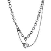 Titanium Steel Necklace, with 6.5cm extender chain, Heart, fashion jewelry & for woman & with rhinestone, silver color, Length:44 cm, 17 cm, Sold By PC