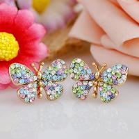 Rhinestone Earring, Tibetan Style, Butterfly, for woman & with rhinestone, more colors for choice, 9x7mm, Sold By Pair