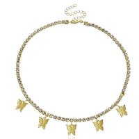 Collar de Aleación de Zinc, con 5cm extender cadena, Mariposa, chapado en color dorado, Joyería & para mujer & con diamantes de imitación, dorado, 13mm, longitud 41 cm, Vendido por UD