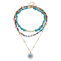 Multi Layer Necklace Zinc Alloy with Seedbead & ABS Plastic Pearl & turquoise with 5cm extender chain gold color plated three pieces & fashion jewelry & evil eye pattern & for woman & enamel multi-colored 20mm Length 52 cm Sold By Set
