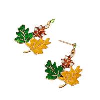 Brass Drop Earring, Maple Leaf, gold color plated, fashion jewelry & for woman & enamel & with rhinestone, multi-colored, 38x30mm, Sold By Pair