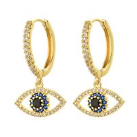Evil Eye Earrings, Brass, 14K gold plated, micro pave cubic zirconia & for woman, golden, nickel, lead & cadmium free, 16.50x26.50mm, Sold By Pair
