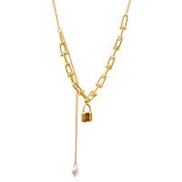 Titanium Steel Necklace, with Plastic Pearl, with 1.97inch extender chain, Lock, real gold plated, with letter pattern & for woman, 16mm, Length:Approx 15.7 Inch, Sold By PC