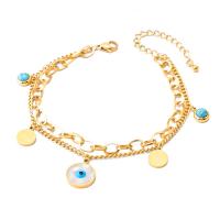 Bracelet Evil Eye bijoux, Acier titane, avec turquoise & coquille blanche, avec 1.97inch chaînes de rallonge, Mauvais œil, Plaqué d'or, Double couche & pour femme, 12mm, Longueur Environ 6.7 pouce, Vendu par PC