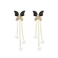 Fashion Fringe Earrings, Tibetan Style, with ABS Plastic Pearl, Butterfly, high quality plated, fashion jewelry & for woman & with rhinestone, two different colored, 75x19mm, Sold By Pair