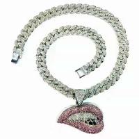 Zinc Alloy Jewelry Necklace Lip platinum color plated Unisex & with rhinestone pink nickel lead & cadmium free 13mm Length Approx 45 cm Sold By PC