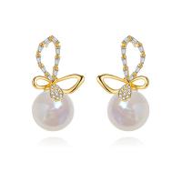 Cubic Zirconia Micro Pave Brass Earring, with Plastic Pearl, Bowknot, gold color plated, fashion jewelry & micro pave cubic zirconia & for woman, nickel, lead & cadmium free, 17x32mm, Sold By Pair
