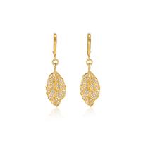 Huggie Hoop Drop Earring Brass Leaf gold color plated fashion jewelry & micro pave cubic zirconia & for woman golden nickel lead & cadmium free Sold By Pair