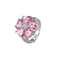Cubic Zirconia Micro Pave Brass Ring Flower platinum color plated fashion jewelry & micro pave cubic zirconia & for woman pink nickel lead & cadmium free 18mm 5mm US Ring Sold By PC