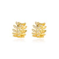 Brass Huggie Hoop Earring Leaf gold color plated fashion jewelry & micro pave cubic zirconia & for woman golden nickel lead & cadmium free Sold By Pair